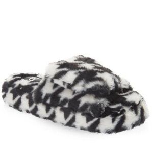 BP. Nordstrom Fawn Adjustable Black & White Houndstooth Faux Fur Slippers Size L